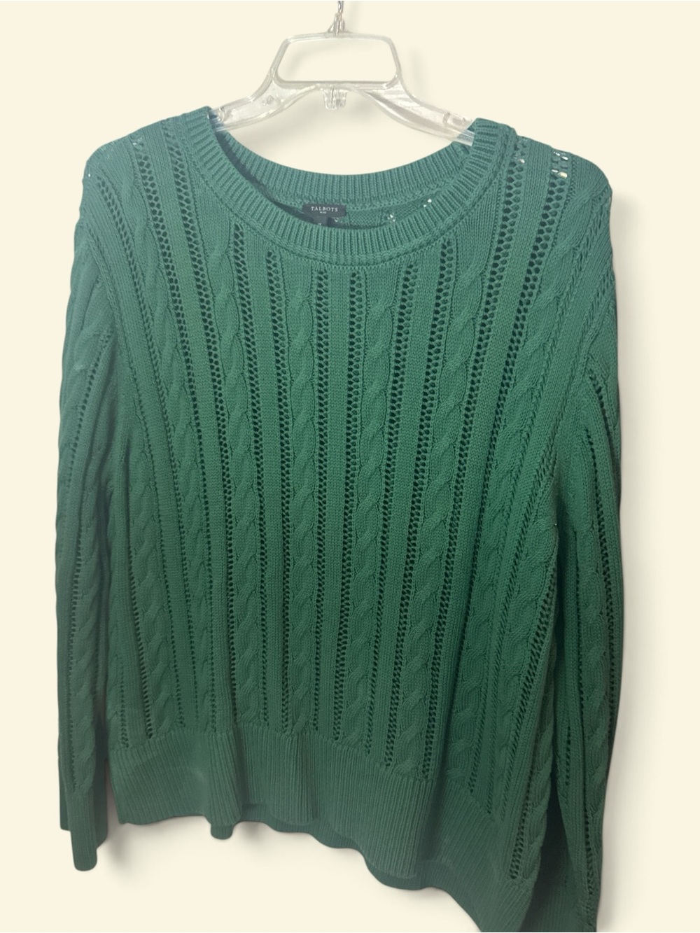 Talbots Emerald Open‑Stitch Cable Crewneck Sweater